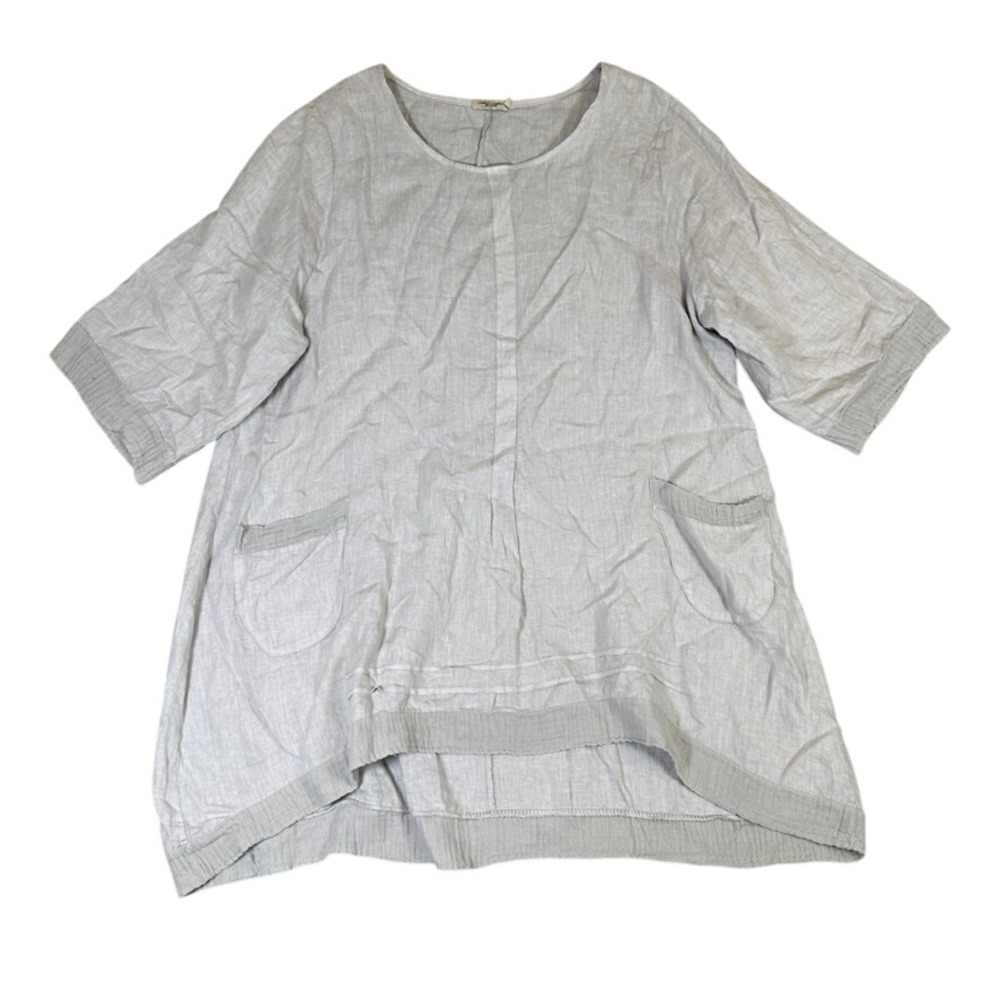 Lungo L'Arno Italy 100% Linen Tunic Top 2X Light Gray Pockets High Low ART A003